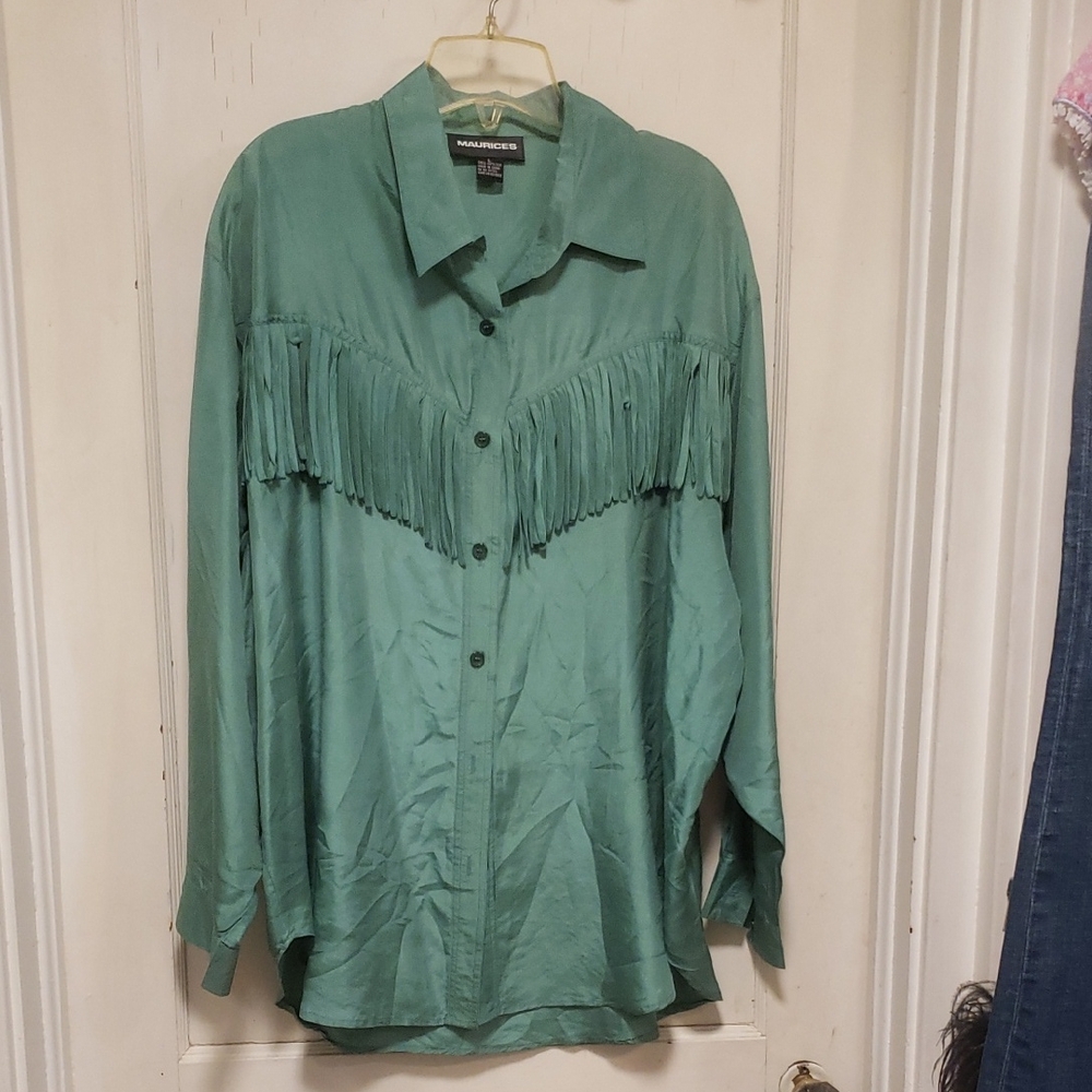 Vintage Maurices Western Cowgirl Fringe Button-Up 100% Silk Shirt Top Large